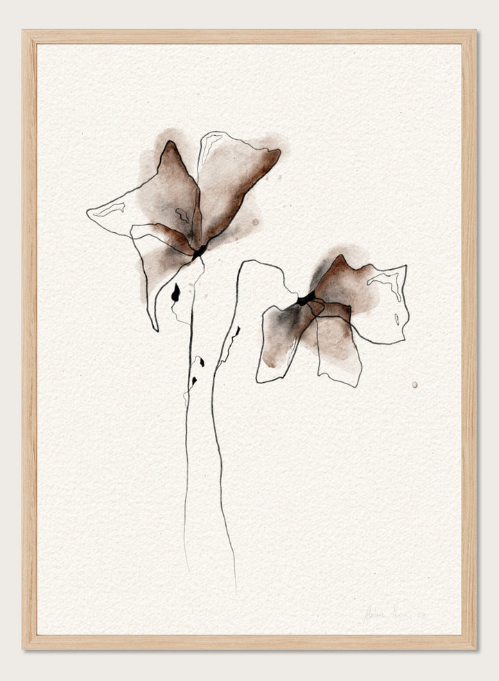Minimalist watercolor and ink floral art print featuring two abstract flower shapes in brown and black tones on textured off-white paper. Shop Watercolor Botanical Blooms by Ankie Kooi, a modern floral wall art print poster with abstract botanical flowers, minimalist line art, brown, cream, and black.