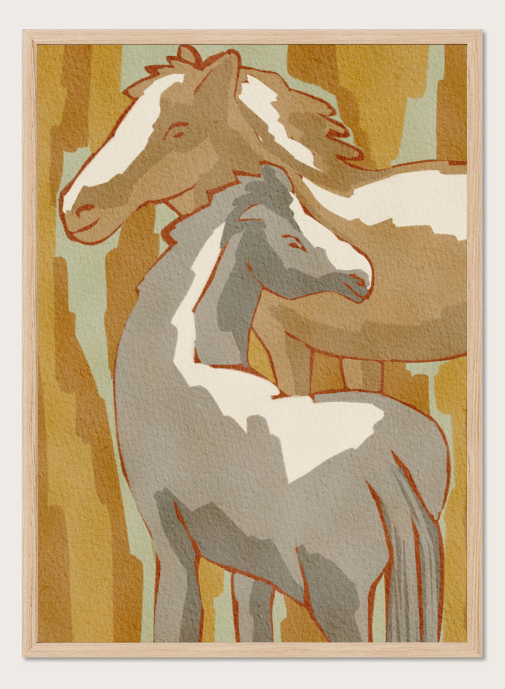 Shop Calm Horse Family by Nikita Jariwala, a modern horse wall art print featuring two horses in soft abstract shapes with warm ochre, cream, gray, and beige tones.