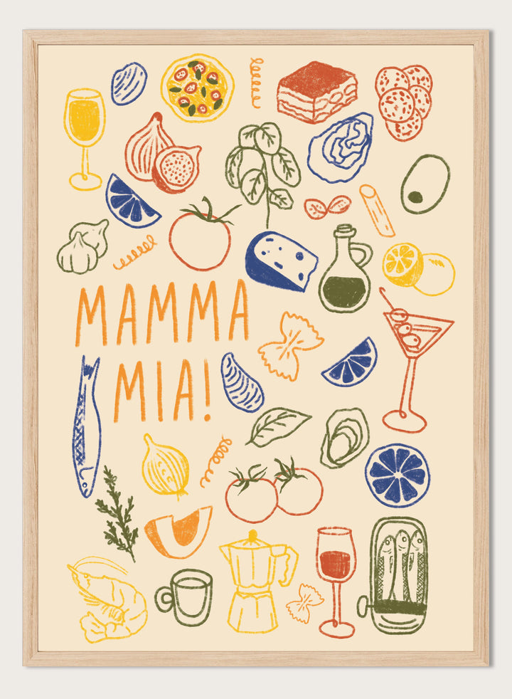 A framed art print featuring a cream-colored background decorated with hand-drawn, colorful Italian-themed illustrations, including pasta, pizza, wine, tomatoes, and a coffee maker, with the text &