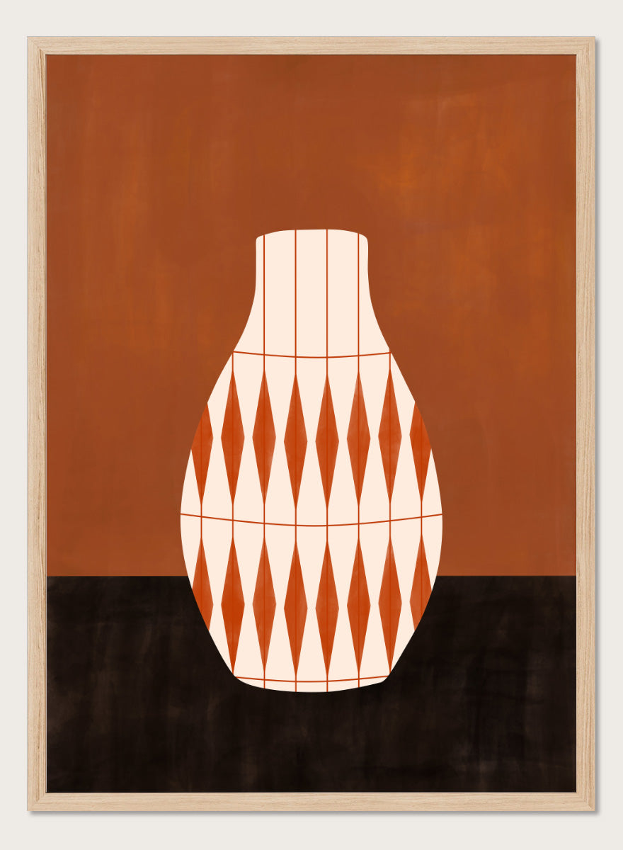 Shop Geometric Orange Vase by Elena Ristova, a modern wall art print poster featuring a cream vase with bold orange diamond patterns and rich rust tones.