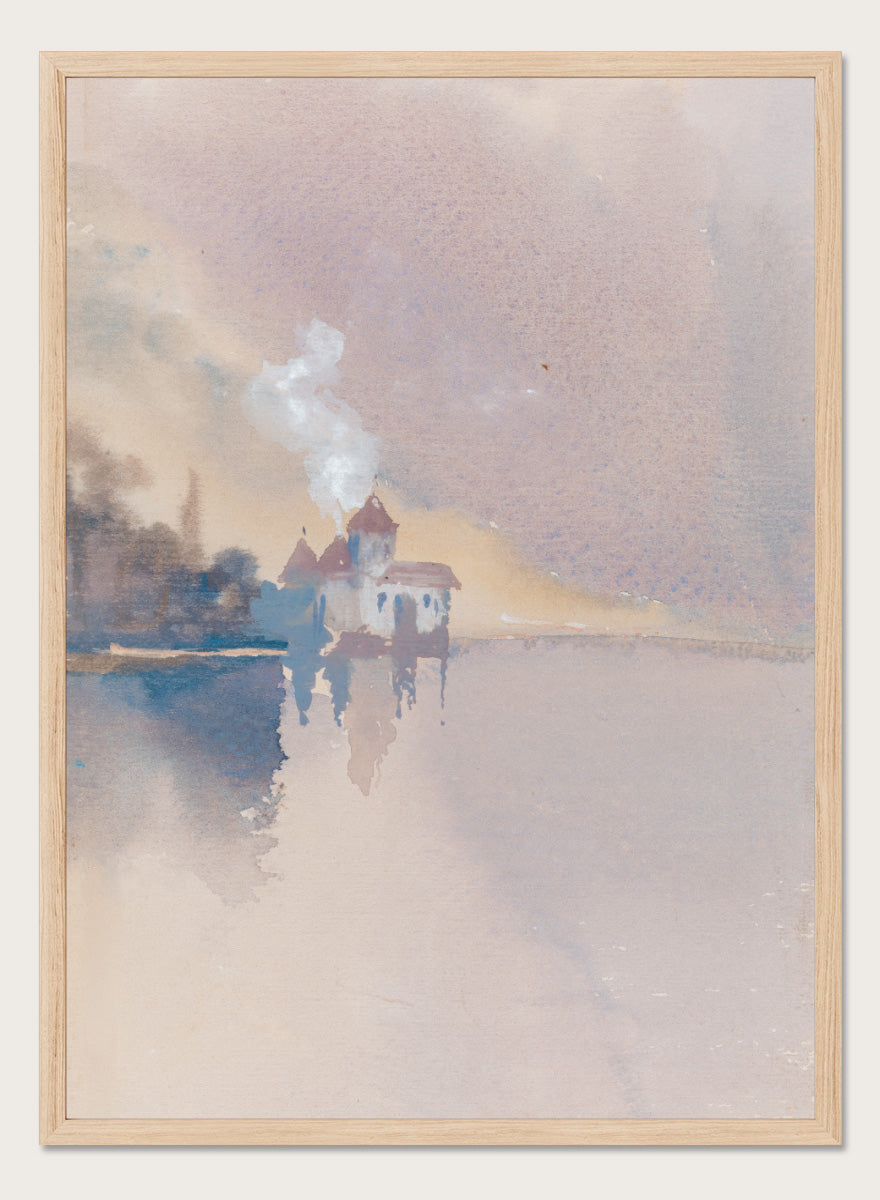 A framed watercolor landscape painting depicting a small white house with a smoking chimney on a calm lake, rendered in soft pastel tones of beige, lavender, blue, and gray. Château de Chillon by Hercules Brabazon Brabazon is a vintage watercolor art print featuring the Swiss castle, Lake Geneva, and soft pastel tones.
