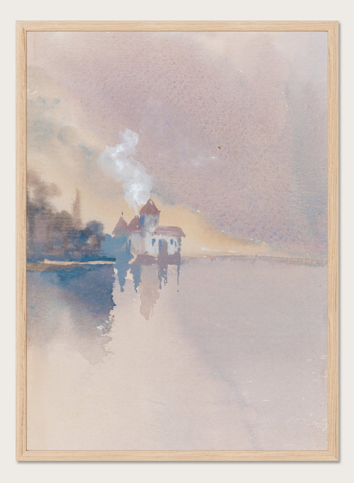 A framed watercolor landscape painting depicting a small white house with a smoking chimney on a calm lake, rendered in soft pastel tones of beige, lavender, blue, and gray. Château de Chillon by Hercules Brabazon Brabazon is a vintage watercolor art print featuring the Swiss castle, Lake Geneva, and soft pastel tones.