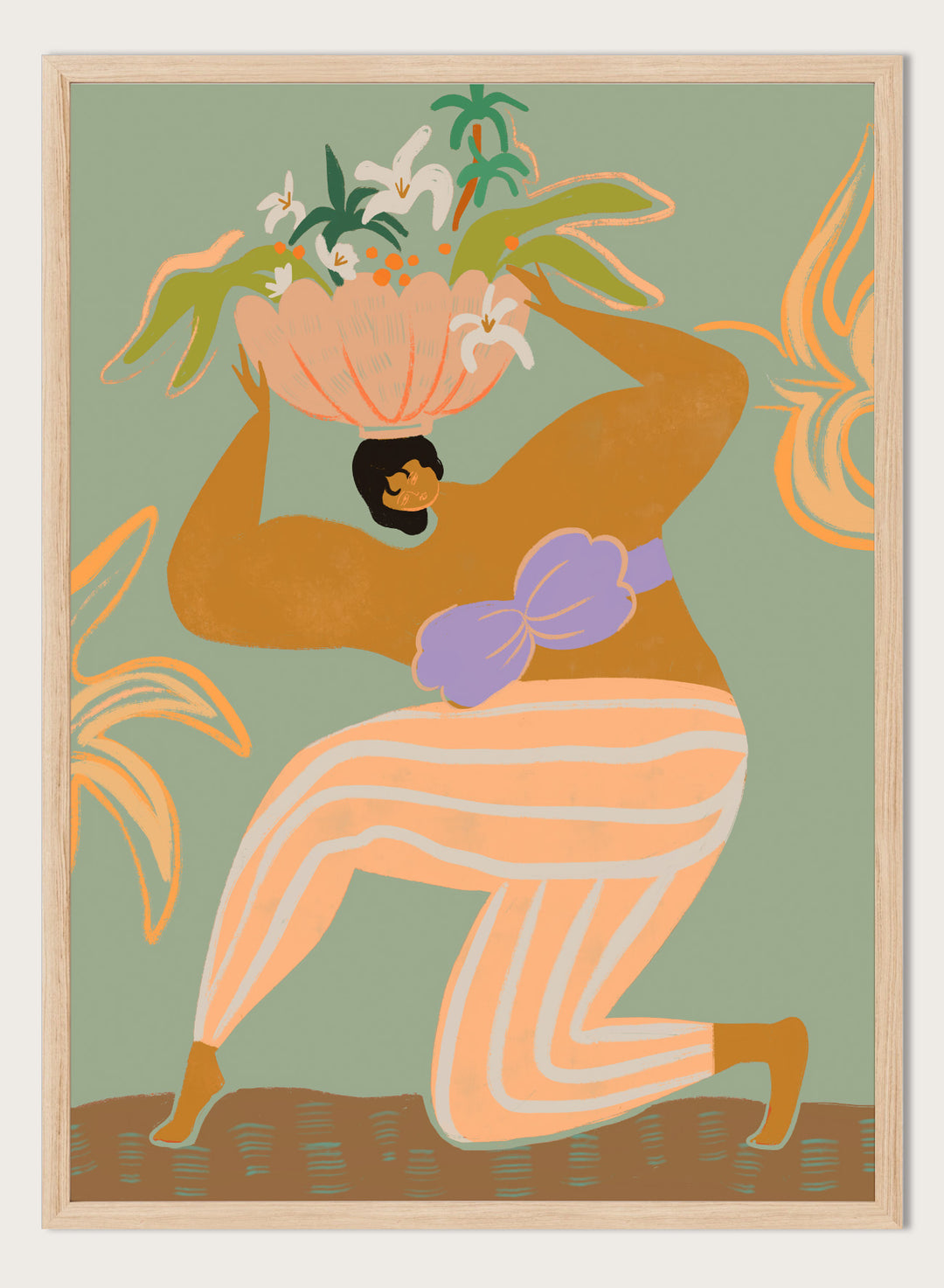 A stylized art print featuring a woman in flowing peach and white striped pants with a purple sash, carrying a large flower basket on her head against a muted sage green background. The Weight of the World by Arty Guava premium framed fine art print featuring a woman carrying tropical flowers in soft green, peach, and lilac tones.