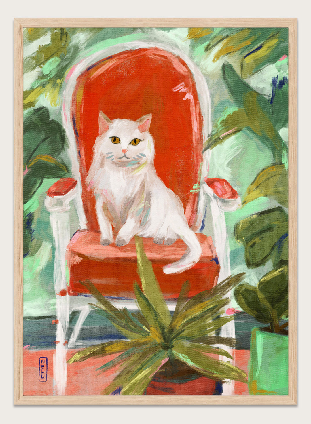 Dirkie Nell - White Cat Orange Chair Art Print
