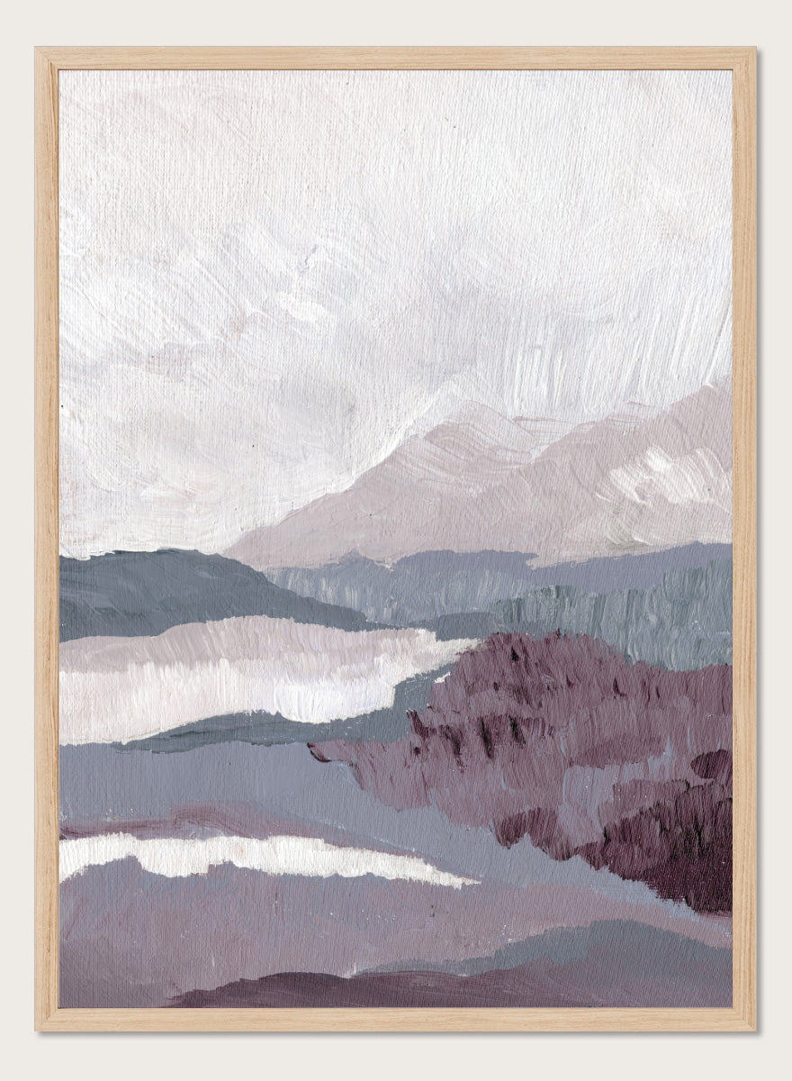Shop Muted Mountain Layers by Nikita Jariwala, an abstract mountain landscape wall art print poster featuring layered peaks, misty scenery, and soft purple tones.