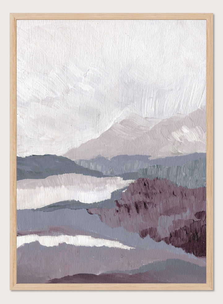 Shop Muted Mountain Layers by Nikita Jariwala, an abstract mountain landscape wall art print poster featuring layered peaks, misty scenery, and soft purple tones.