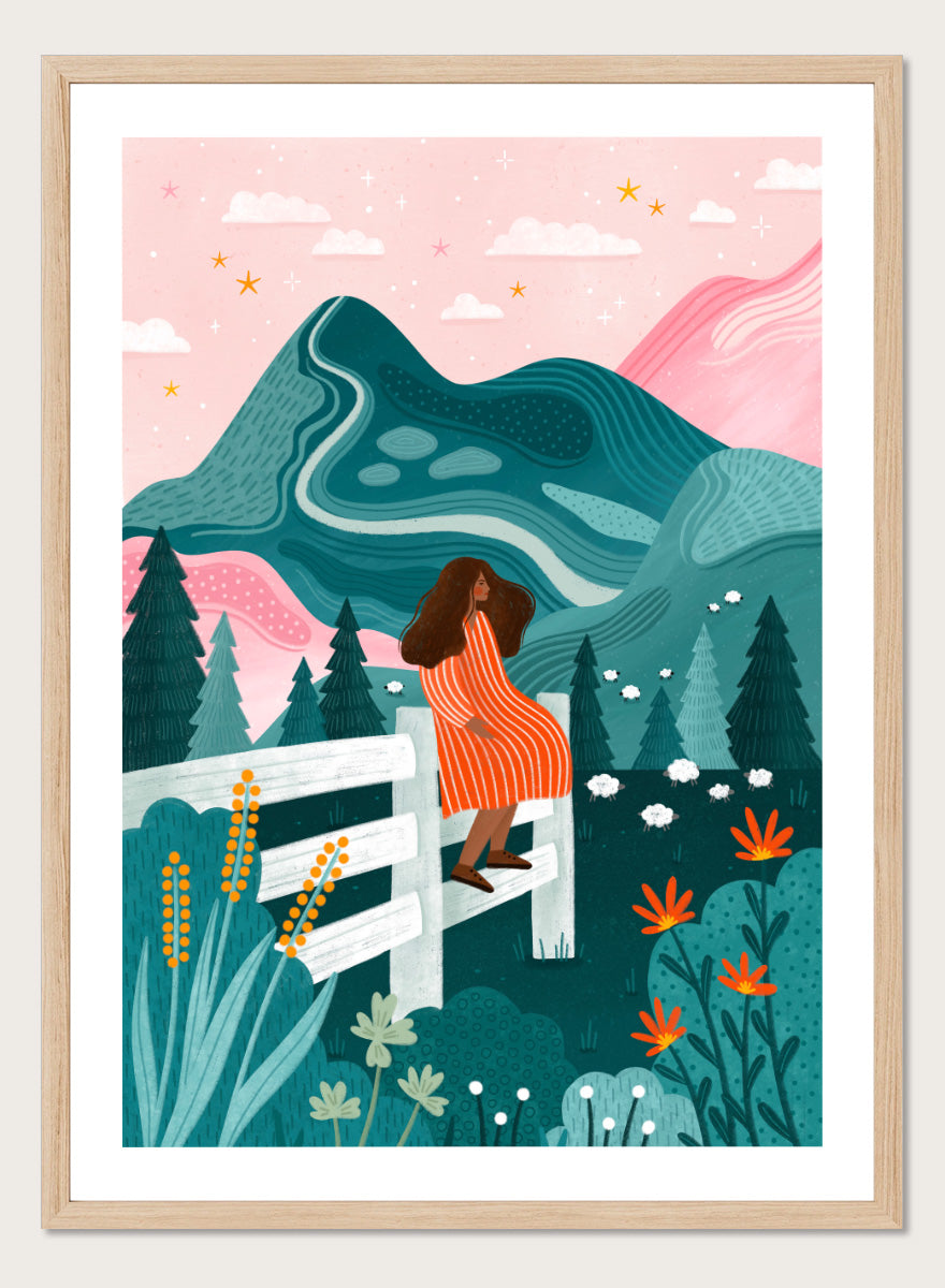 Shop Woman Rural Starry Night by Bea Müller, a figurative landscape wall art print poster featuring a woman, mountain scenery, wildflowers, and a pink starry sky.