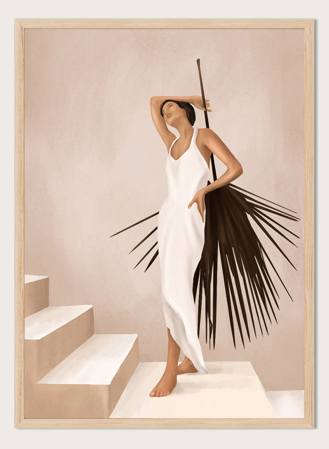 Woman in a white dress standing on a staircase with a palm leaf design. Elegant Tropical Serenity by City Art features a woman in a flowing white dress and palm leaves, bringing organic living, tropical style, and warm neutral tones into the home.