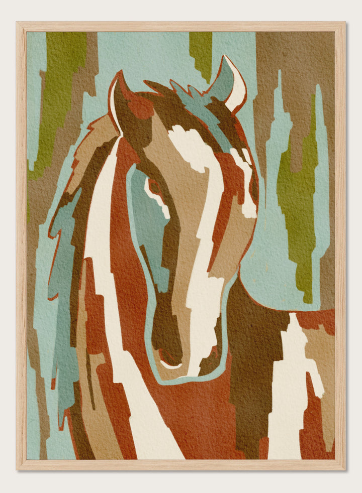 Shop Abstract Horse Portrait by Nikita Jariwala, a modern horse wall art print featuring a stylized equine portrait, bold shapes, and earthy rust, blue, and cream tones.