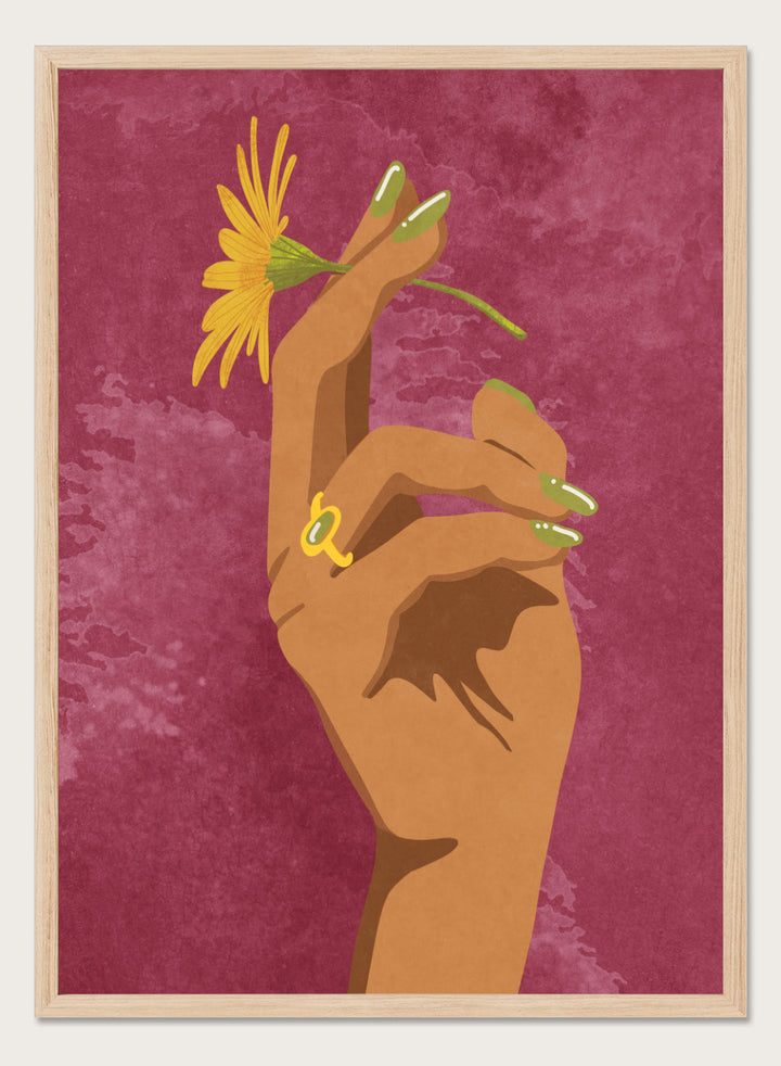 Illustration of a hand holding a yellow flower against a pink background. Smoking Flower by Raissa Oltmanns is a modern floral art print featuring a hand holding a yellow flower in bold contemporary wall poster style.