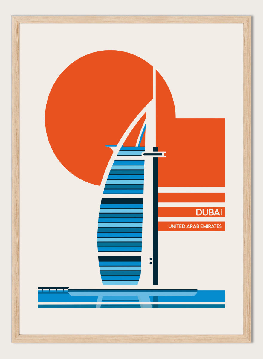 A minimalist travel poster of the Burj Al Arab in Dubai, United Arab Emirates, featuring a stylized blue and white striped hotel silhouette, a large orange sun, and a cream background with the text &