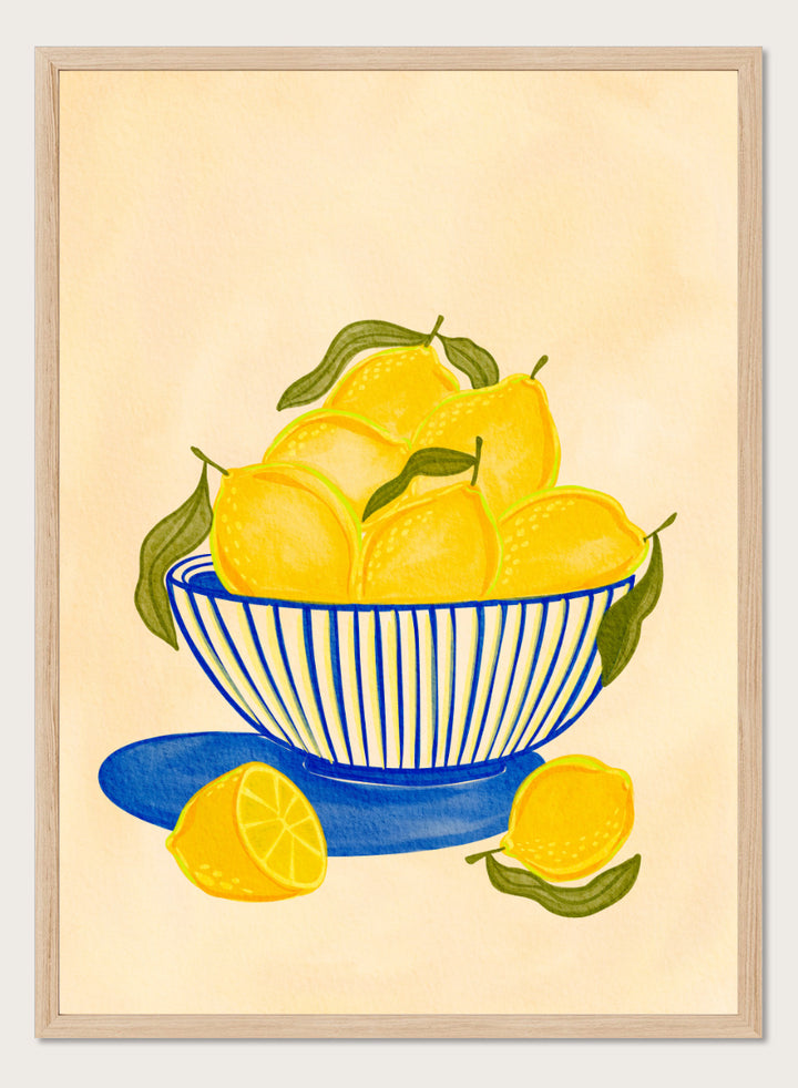 A stylized still life illustration of yellow lemons in a blue-and-white striped bowl with green leaves. Shop Fresh Lemon Bowl by Nikita Jariwala, a kitchen wall art print poster featuring bright yellow lemons, a blue striped bowl, green leaves, and citrus still life.