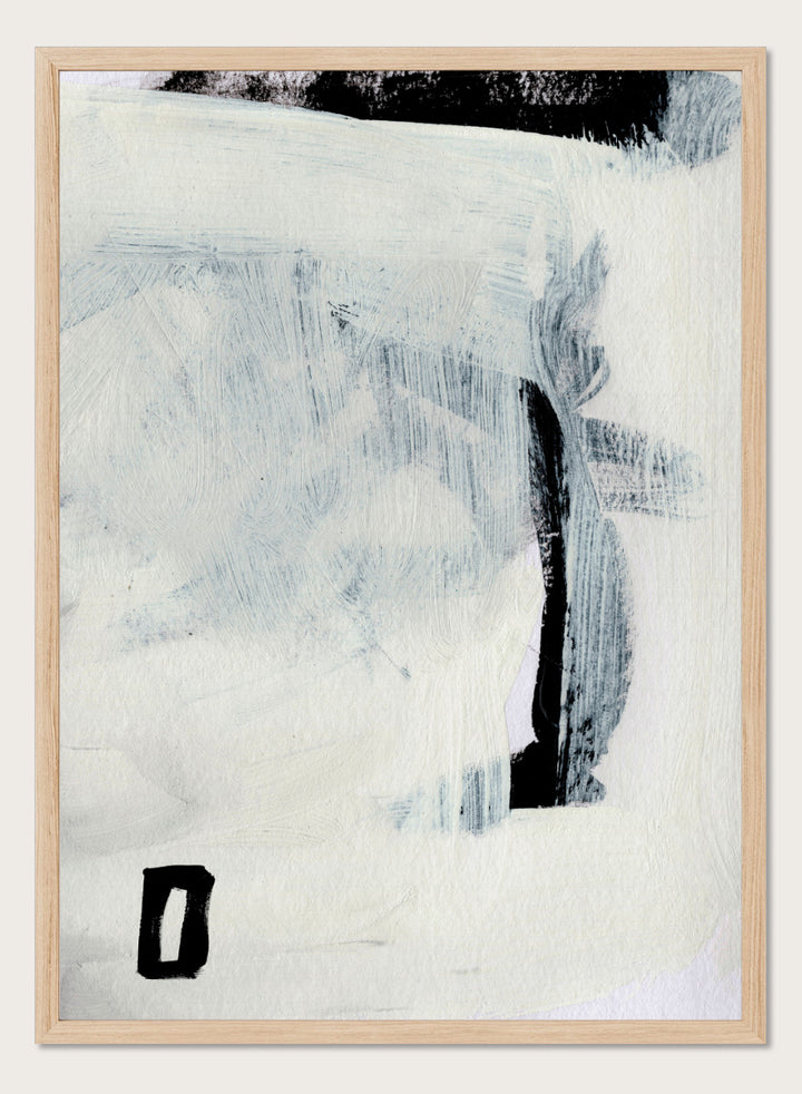 Shop Beyond by Dan Hobday, an abstract wall art print poster featuring layered blue-gray brushwork, black accents, and a minimalist modern composition.