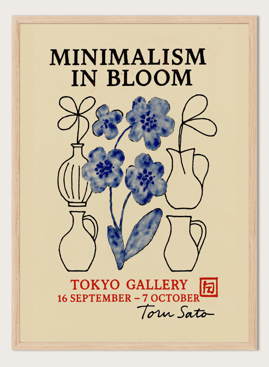A framed art print featuring blue and black floral illustrations with the text &