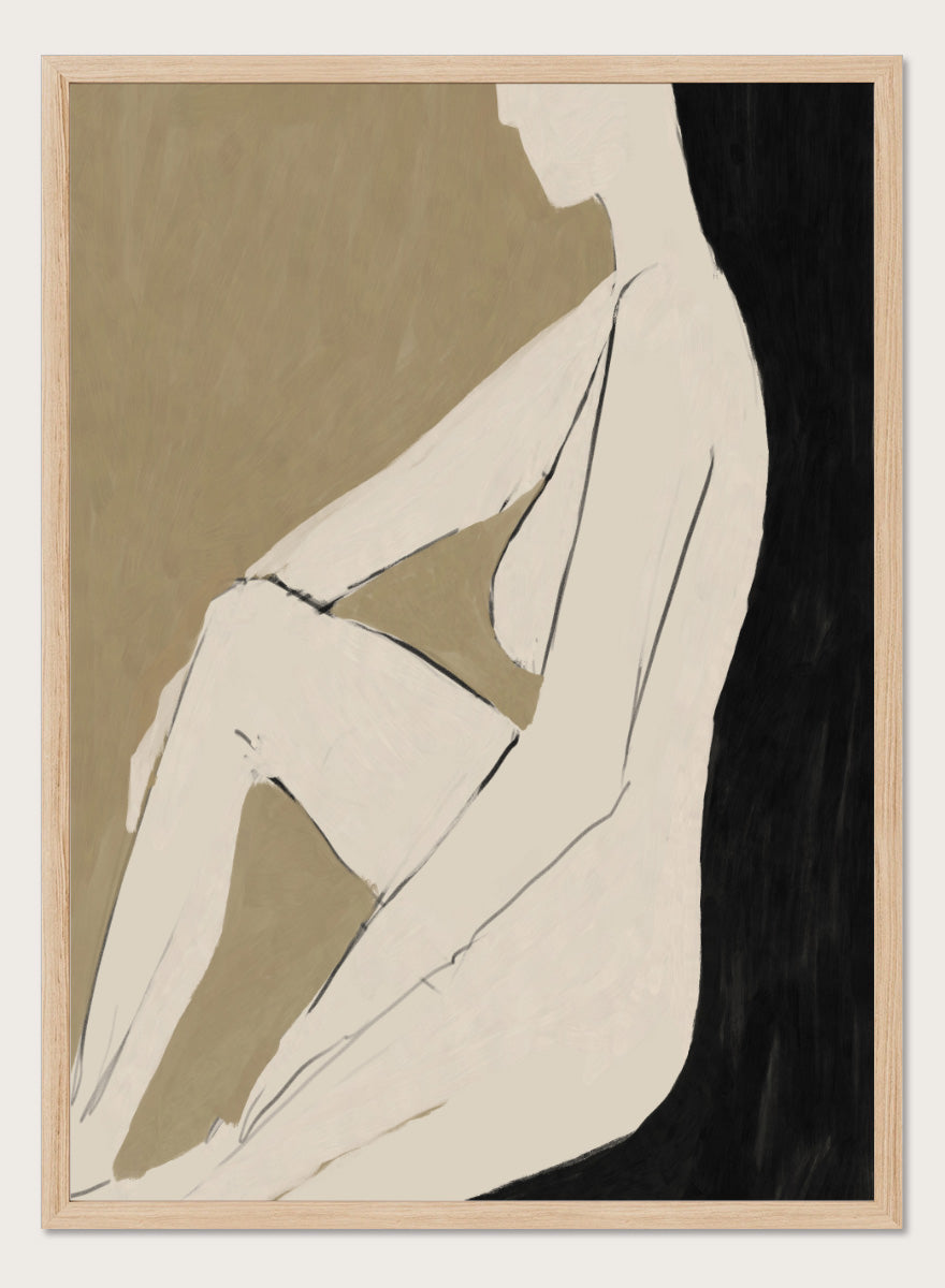 Shop Chill by Dan Hobday, a contemporary figurative art print featuring a relaxed seated figure, soft neutral tones, bold black forms, and minimal linework.