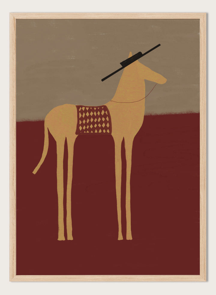 A stylized art print of a camel standing in profile, with a dark hat on its head and a patterned saddle blanket, set against a split beige and dark red background. Desert Horse with Sombrero by The Art Concept animal art print featuring a long-legged horse, patterned saddle blanket, black sombrero, and warm desert tones.