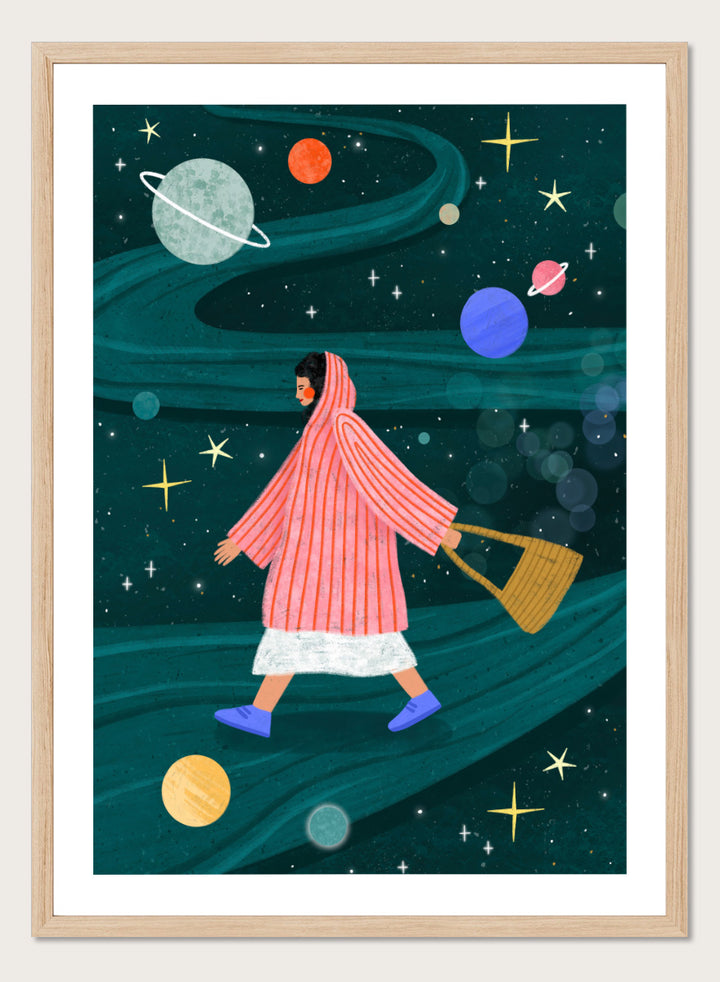 Shop Dreamy Space Walk by Bea Müller, a figurative wall art print poster featuring a woman walking through a whimsical outer space landscape in deep green tones.