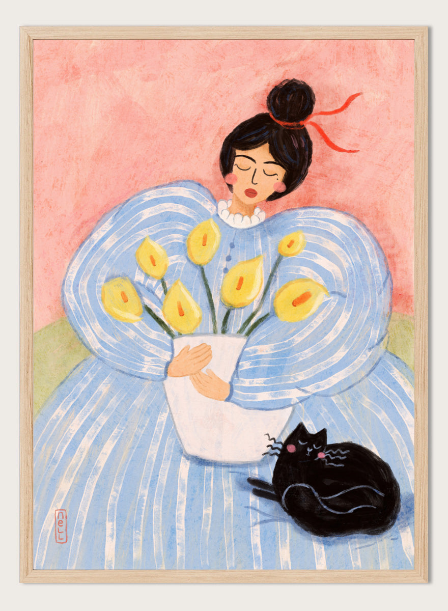 A stylized painting of a woman in a voluminous light blue dress holding a white vase with yellow flowers, with a black cat at her side against a pink background. Woman With Flowers And Cat by Dirkie Nell is a colorful portrait and floral art print featuring a woman, yellow flowers, blue dress, and black cat.