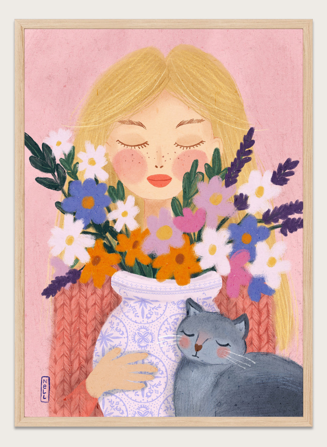 Illustration of a woman holding a vase of flowers and a cat on a pink background. Dreamy Girl Cat Flowers by Dirkie Nell is a colorful floral portrait art print featuring hand painted flowers, a sleepy cat, and soft contemporary illustration details.
