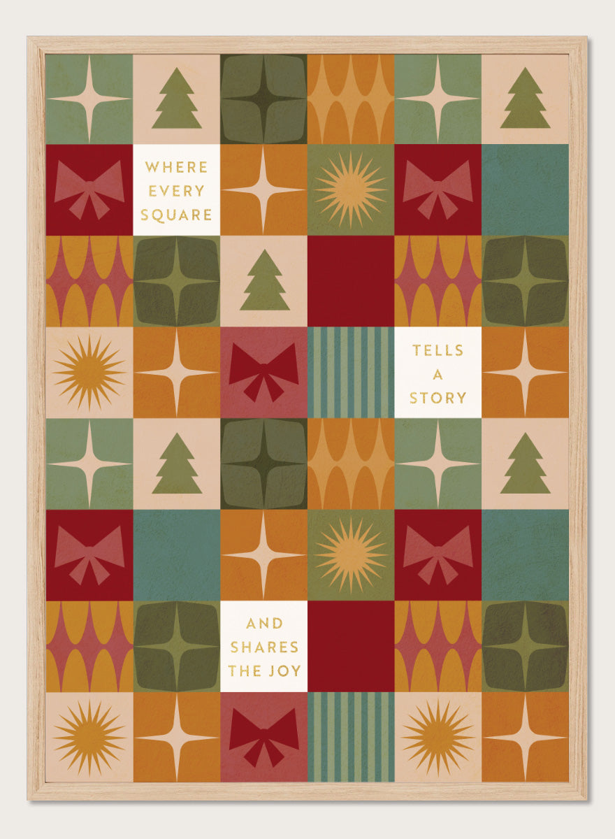 Shop Retro Christmas Squares by Dominique Vari, a festive wall art print poster featuring retro trees, bows, stars, geometric shapes, and vintage holiday colors.