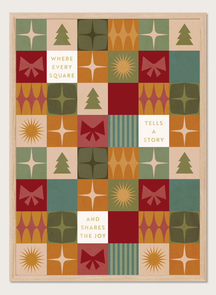 Shop Retro Christmas Squares by Dominique Vari, a festive wall art print poster featuring retro trees, bows, stars, geometric shapes, and vintage holiday colors.