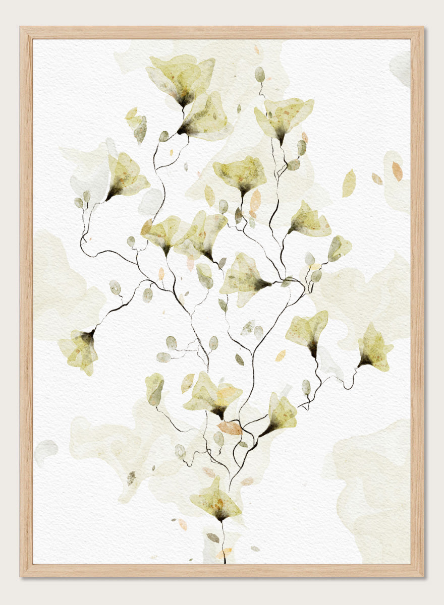 Watercolor floral art print featuring delicate pale yellow and beige flowers on a textured off-white background. Shop Delicate Watercolor Flowers by Ankie Kooi, a floral wall art print poster with watercolor wildflowers, botanical line art, yellow, green, and cream.
