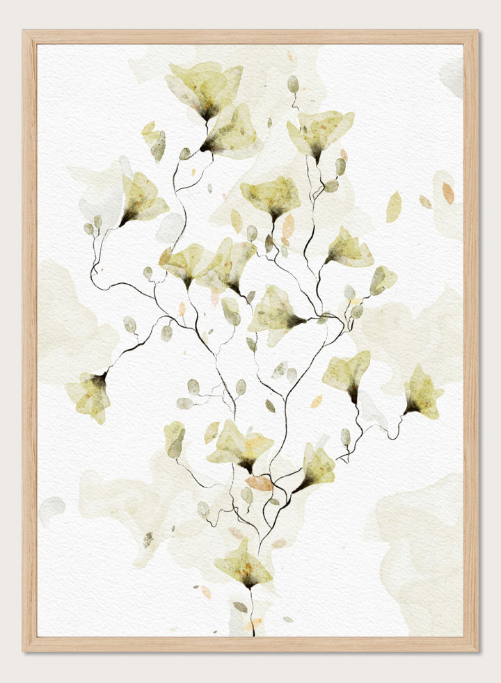 Watercolor floral art print featuring delicate pale yellow and beige flowers on a textured off-white background. Shop Delicate Watercolor Flowers by Ankie Kooi, a floral wall art print poster with watercolor wildflowers, botanical line art, yellow, green, and cream.