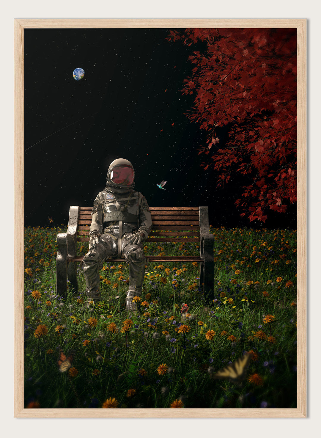 Person in astronaut suit sitting on a bench in a garden with flowers and trees at night. Astronaut Space Garden by Nicebleed is a surreal space art print featuring an astronaut on a bench in a floral field under stars, modern aesthetic wall poster.