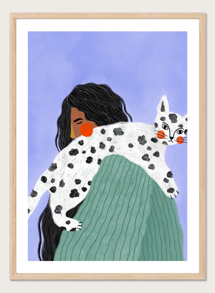 A framed art print featuring a stylized illustration of a woman with long black hair carrying a white cat with black spots over her shoulder, set against a lavender background. Woman and Spotted Cat by Bea Müller animal art print featuring a woman carrying a playful spotted cat, perfect for modern cat lover and pet decor.