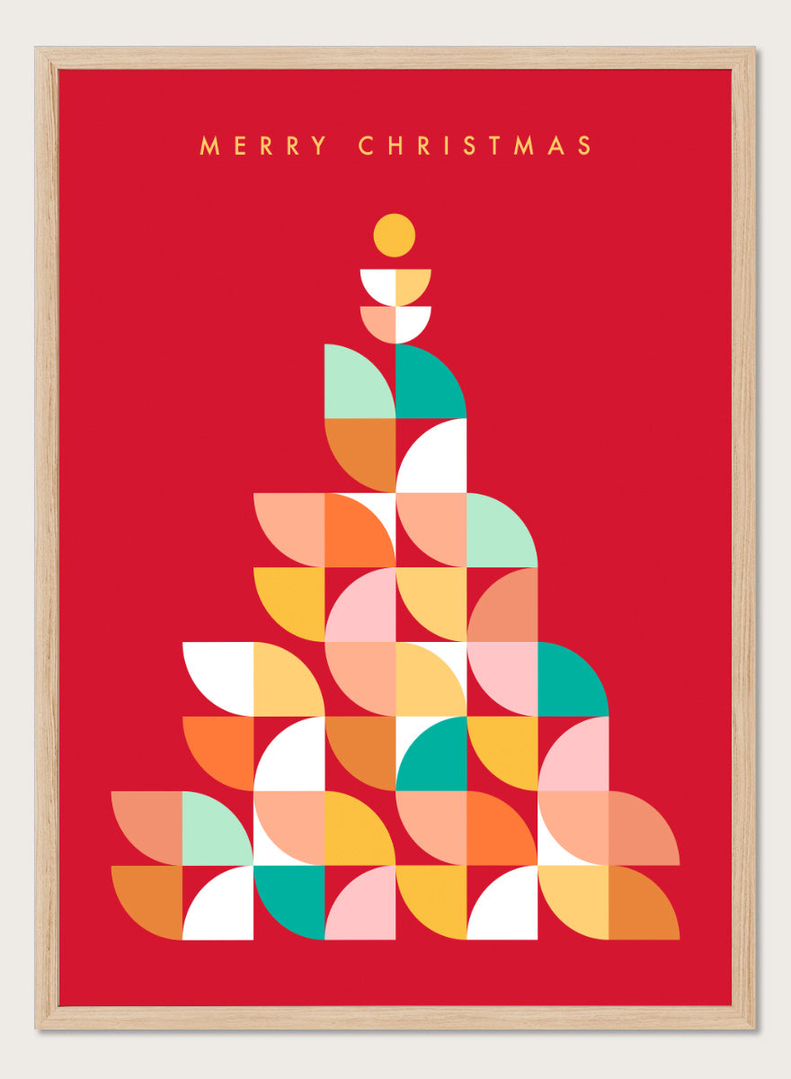 Shop Geometric Christmas Tree by Dominique Vari, a colorful Christmas wall art print poster featuring a retro geometric tree in red, pink, orange, teal, and yellow.