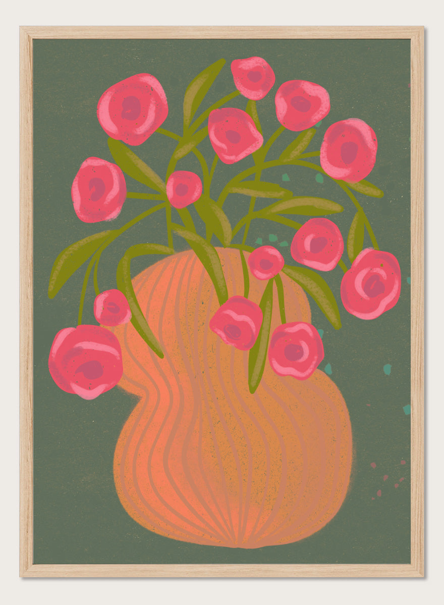 Shop Pink Flowers Orange Vase by Nikita Jariwala, a floral wall art print poster with bold pink blooms, an orange vase, olive stems, and deep green tones.