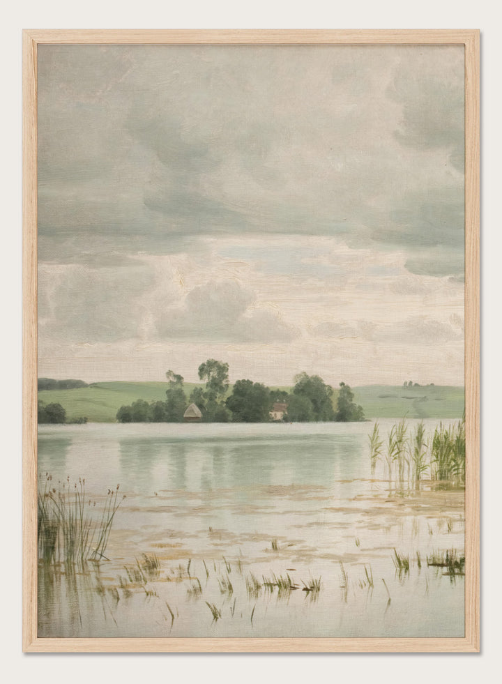Featuring the original Vilhelm Groth's Artwork Esrom sø (Esrum Lake), this dark moody European vintage neutral autumn river lake landscape oil painting wall art print showcases a classic rustic moody antique style that is perfect for any boho or modern farmhouse space with muted or neutral fall colors. 