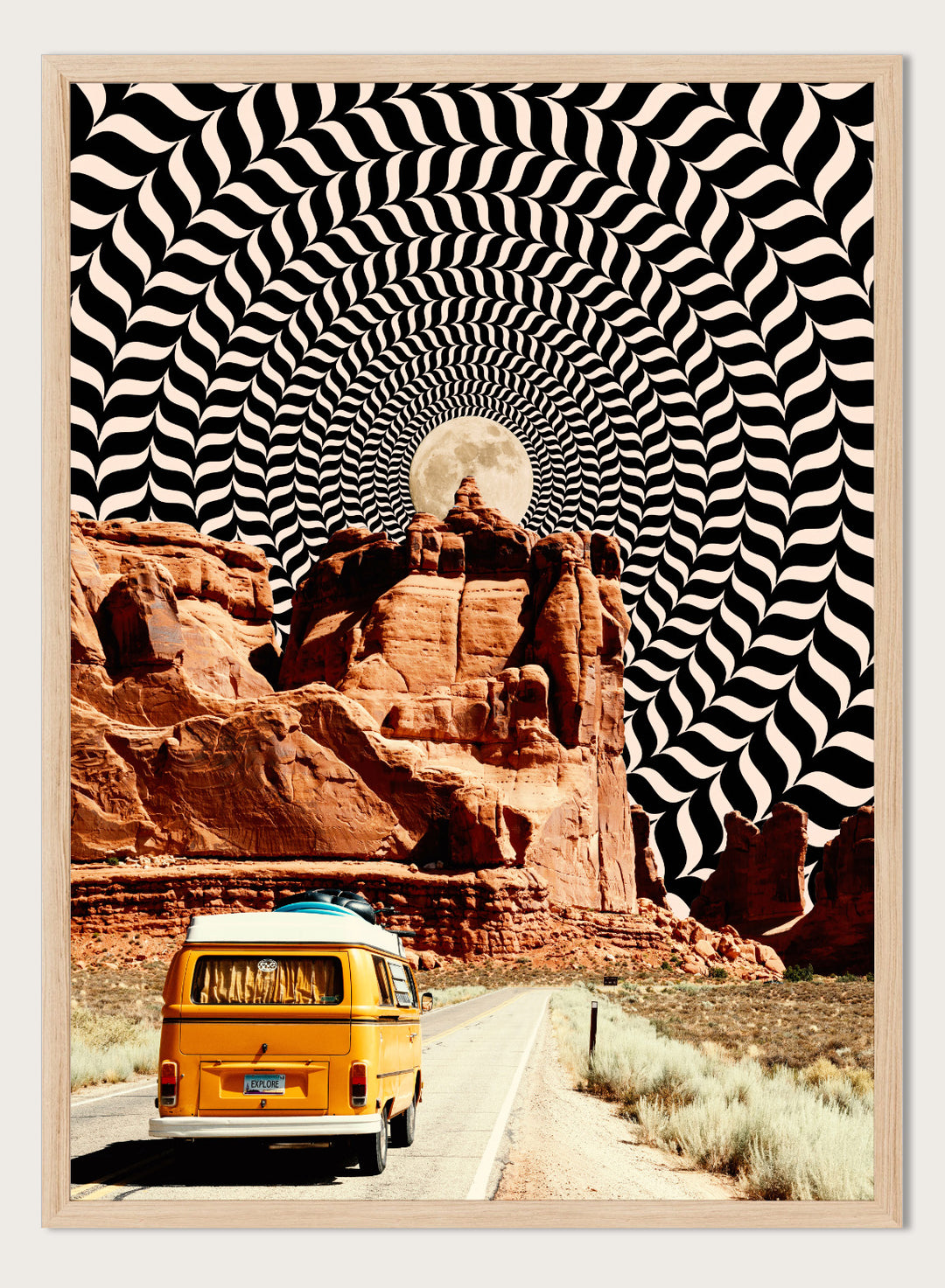 Van on a road with a surreal landscape and optical illusion pattern. The Real Road Trip by Taudalpoi surreal desert road trip art print with vintage van, red rock canyon and hypnotic cosmic sky, retro sci fi poster wall art.