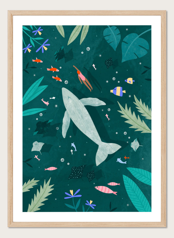 Shop Peaceful Ocean Encounter by Bea Müller, an ocean wall art print poster featuring a swimmer, whale, tropical fish, and whimsical underwater scenery in teal.