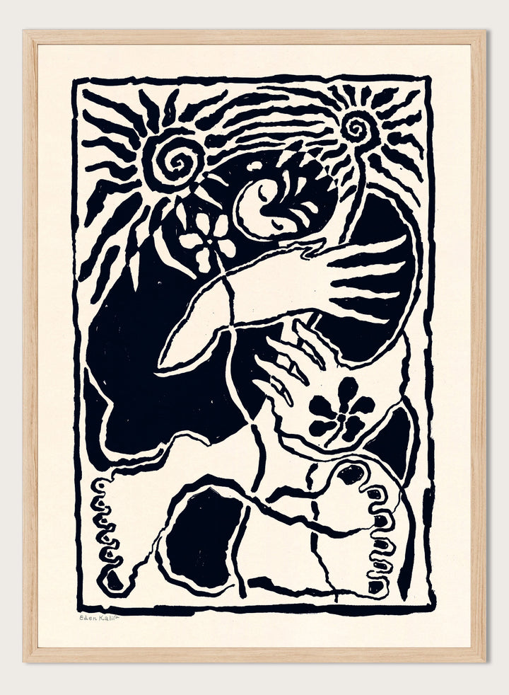 Black and white artwork of a stylized figure with abstract patterns. Protection Black by Eden Kalif is a modern abstract figurative art print in bold black, a contemporary aesthetic wall poster with expressive shapes and symbolic elements.