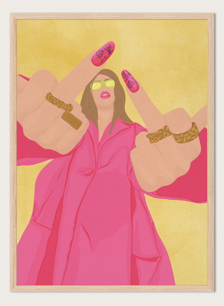 A stylized fashion illustration of a woman in a bright pink trench coat and lime green sunglasses, with both hands raised showing long pink nails decorated with black symbols and gold rings on her wrists, set against a textured yellow background. Pink Fashion V-Sign by Lisa Solomoniuk premium framed fine art print featuring a woman in a bright pink coat with a bold, rebellious gesture.