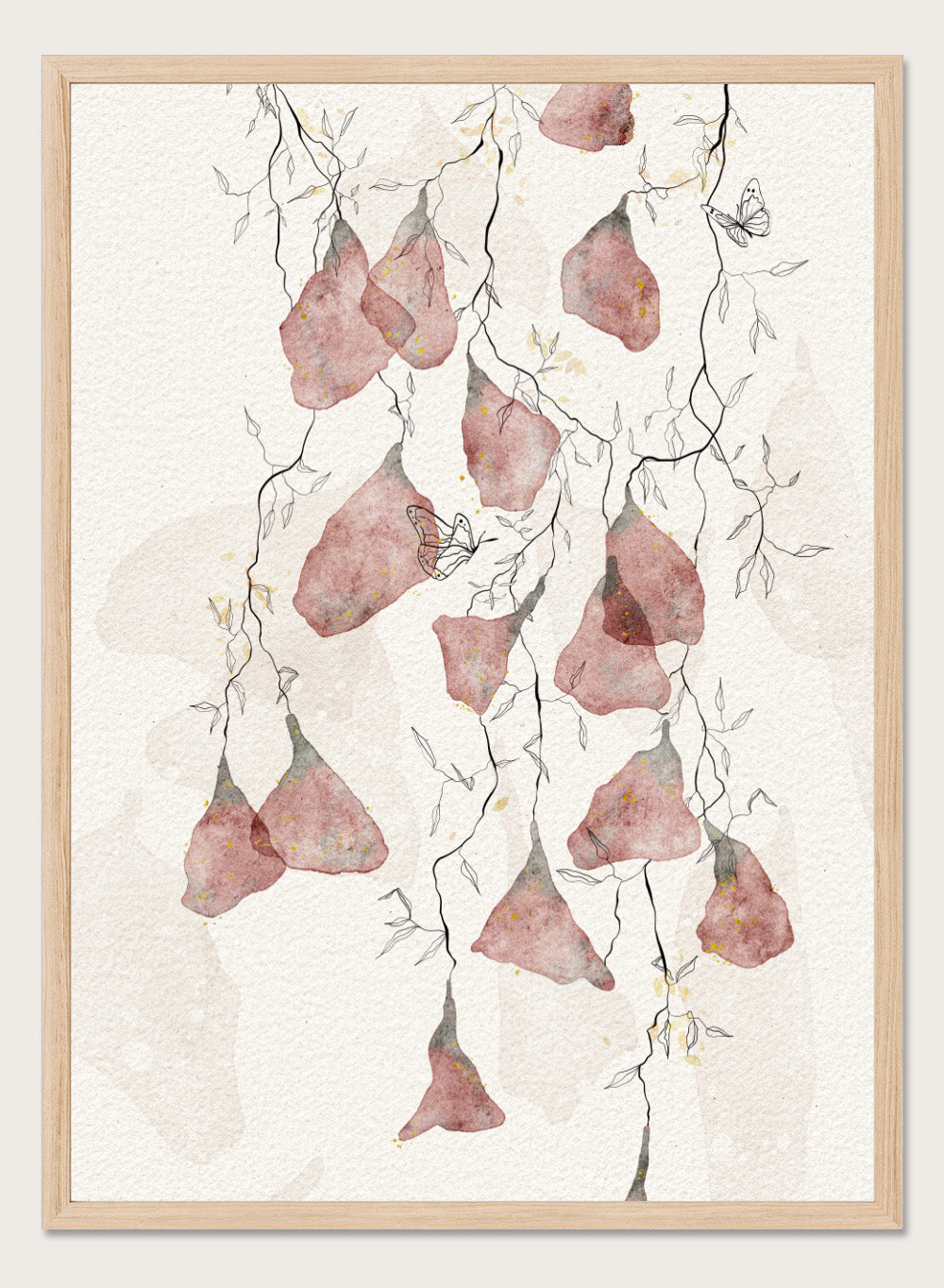 Artistic depiction of pink flowers and branches on a light background. Butterfly Kisses by Ankie Kooi features hanging watercolor flowers, delicate branches, and butterflies in soft neutral tones. Minimal botanical art print inspired by nature.
