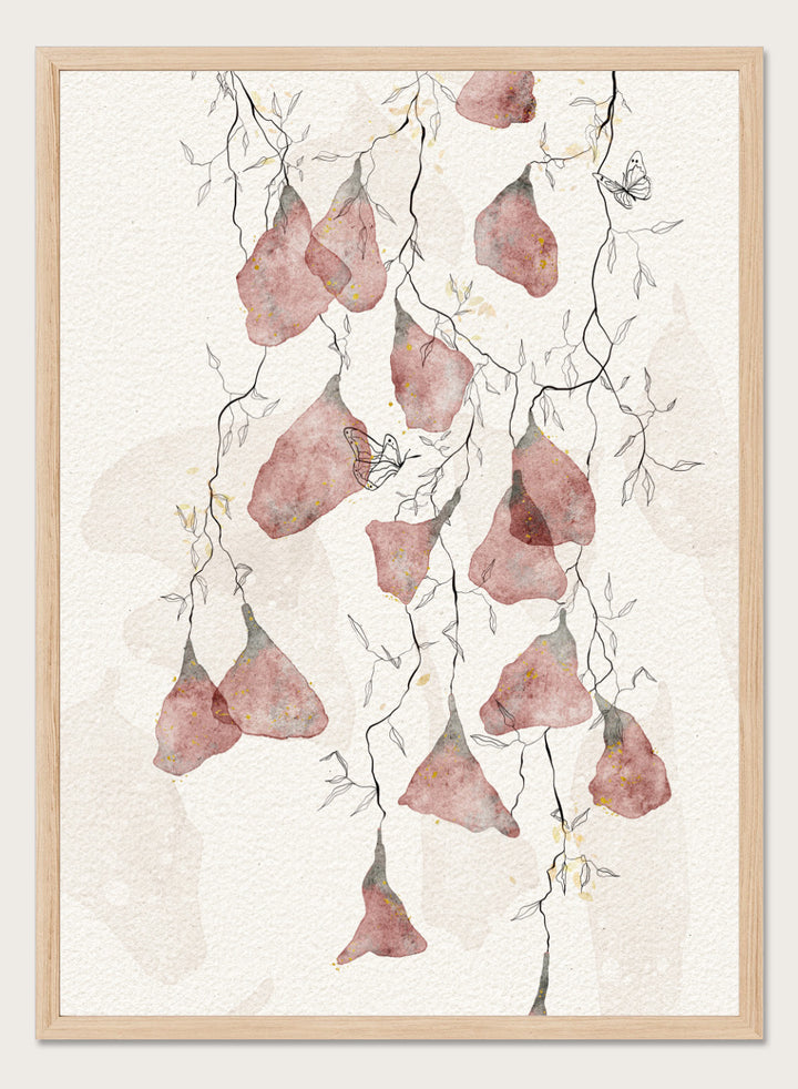 Artistic depiction of pink flowers and branches on a light background. Butterfly Kisses by Ankie Kooi features hanging watercolor flowers, delicate branches, and butterflies in soft neutral tones. Minimal botanical art print inspired by nature.