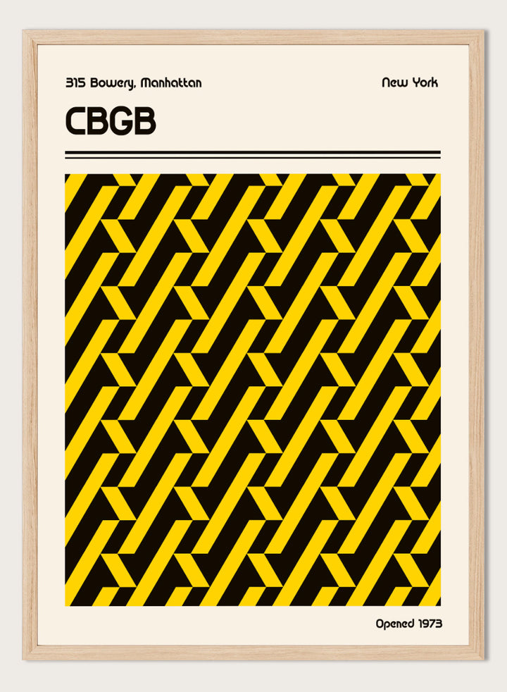 A vintage-style poster or print featuring a bold black and yellow geometric pattern in the center, with the text &