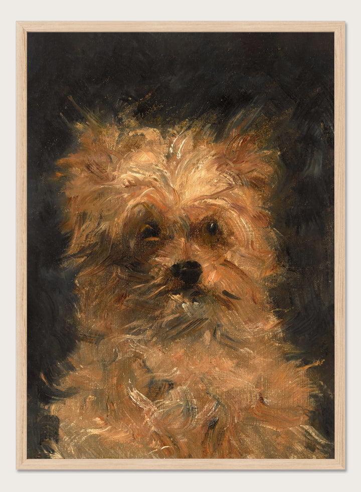 A painted portrait of a small fluffy dog, likely a terrier mix, rendered in warm tan, cream, and brown brushstrokes against a dark charcoal background. Head of the Dog "Bob" by Édouard Manet is a vintage dog portrait print featuring a scruffy terrier&