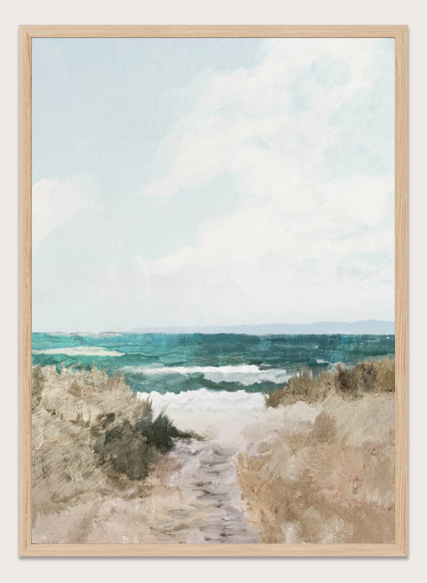 Shop Beach Path by Dan Hobday, a coastal landscape art print featuring turquoise water, sandy dunes, beach grass, soft blue sky, and textured brushwork.