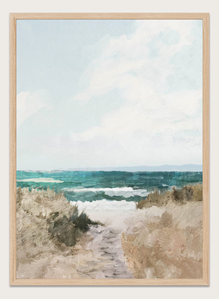 Shop Beach Path by Dan Hobday, a coastal landscape art print featuring turquoise water, sandy dunes, beach grass, soft blue sky, and textured brushwork.