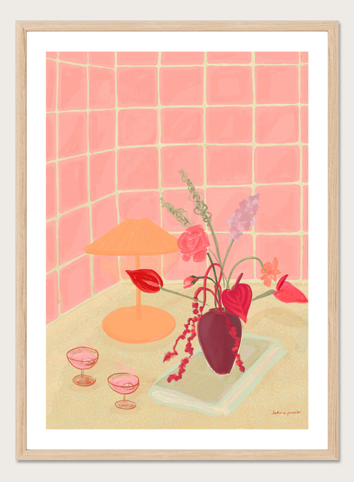 Illustration of a table with a vase of flowers, two glasses, and an orange lamp against a pink tiled wall. Bubbly by Katharina Puritscher art print featuring pink tiled walls, floral still life, coupe glasses, and a cozy tabletop scene. Officially licensed wall poster.