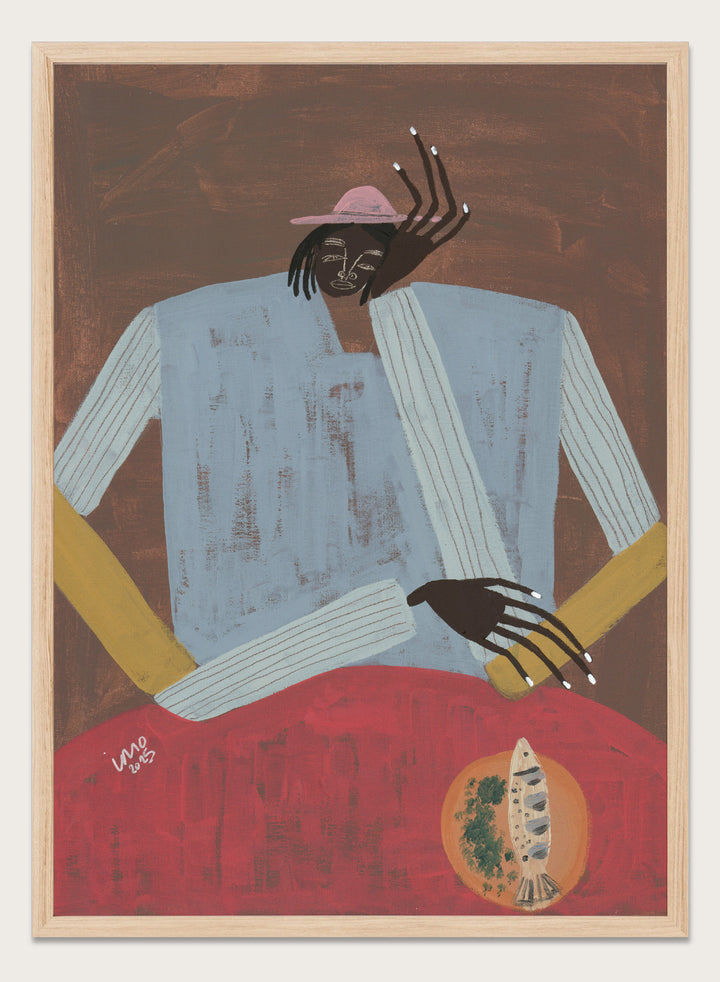 Artistic depiction of a person wearing a hat and sweater with a red background. Clear My Head by Studio IMO (Ibi Meier-Oruitemeka) is a modern figurative art print with a seated figure and contemporary portrait wall poster design.