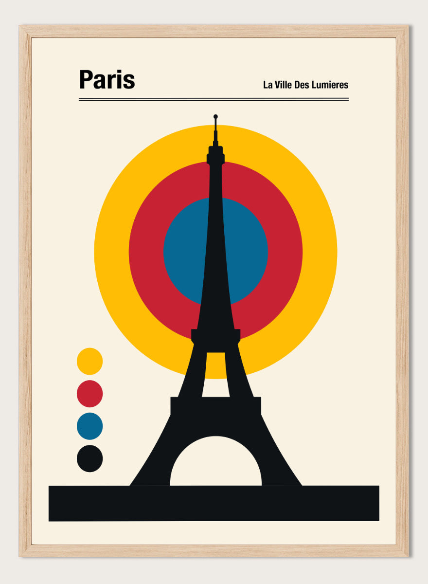 A minimalist Paris poster featuring a black Eiffel Tower silhouette in front of concentric yellow, red, and blue circles on a cream background, with the text &