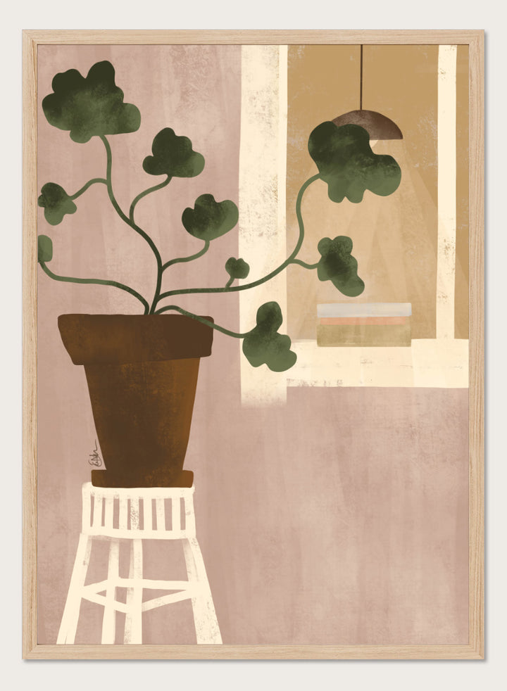 A minimalist art print depicting a potted green plant on a white stool against a dusty pink wall, with a window and hanging lamp in the background. Shop Cozy Houseplant Window by Elsa Nätterdal, a modern botanical interior art print featuring a leafy plant, soft neutral tones, and a cozy home setting.