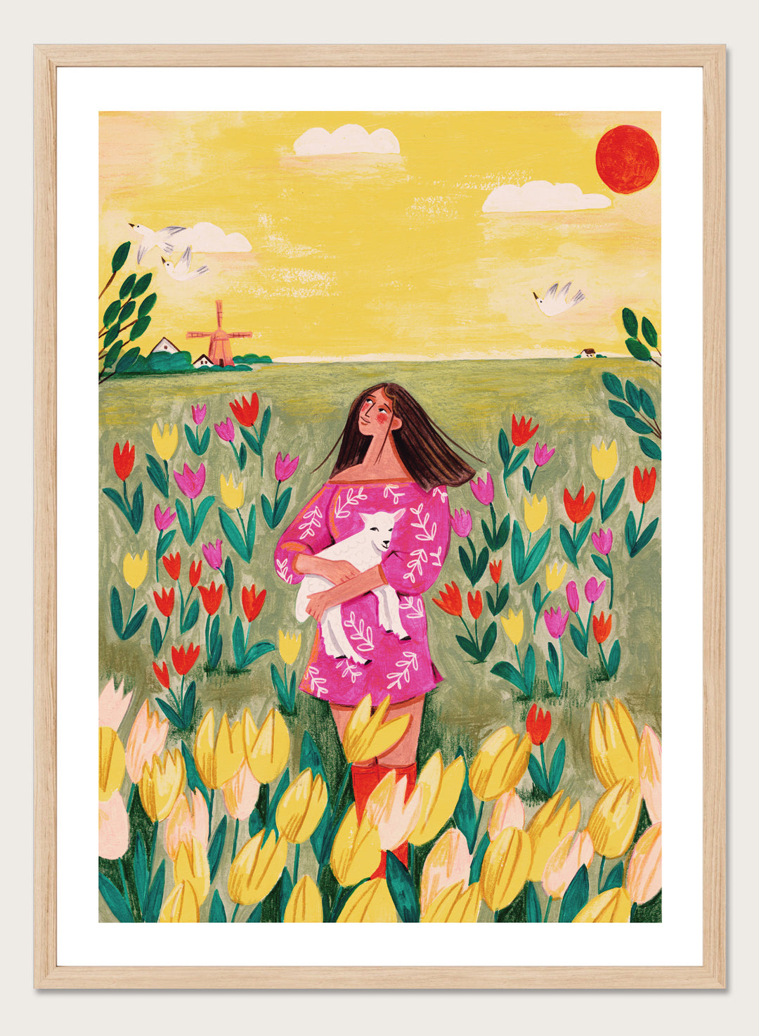 Woman holding a lamb in a field of flowers with a yellow sky and red sun. Woman Lamb Tulip Field by Caroline Bonne Müller is a fine art print and wall poster of a woman holding a lamb in a tulip field with a bright landscape.