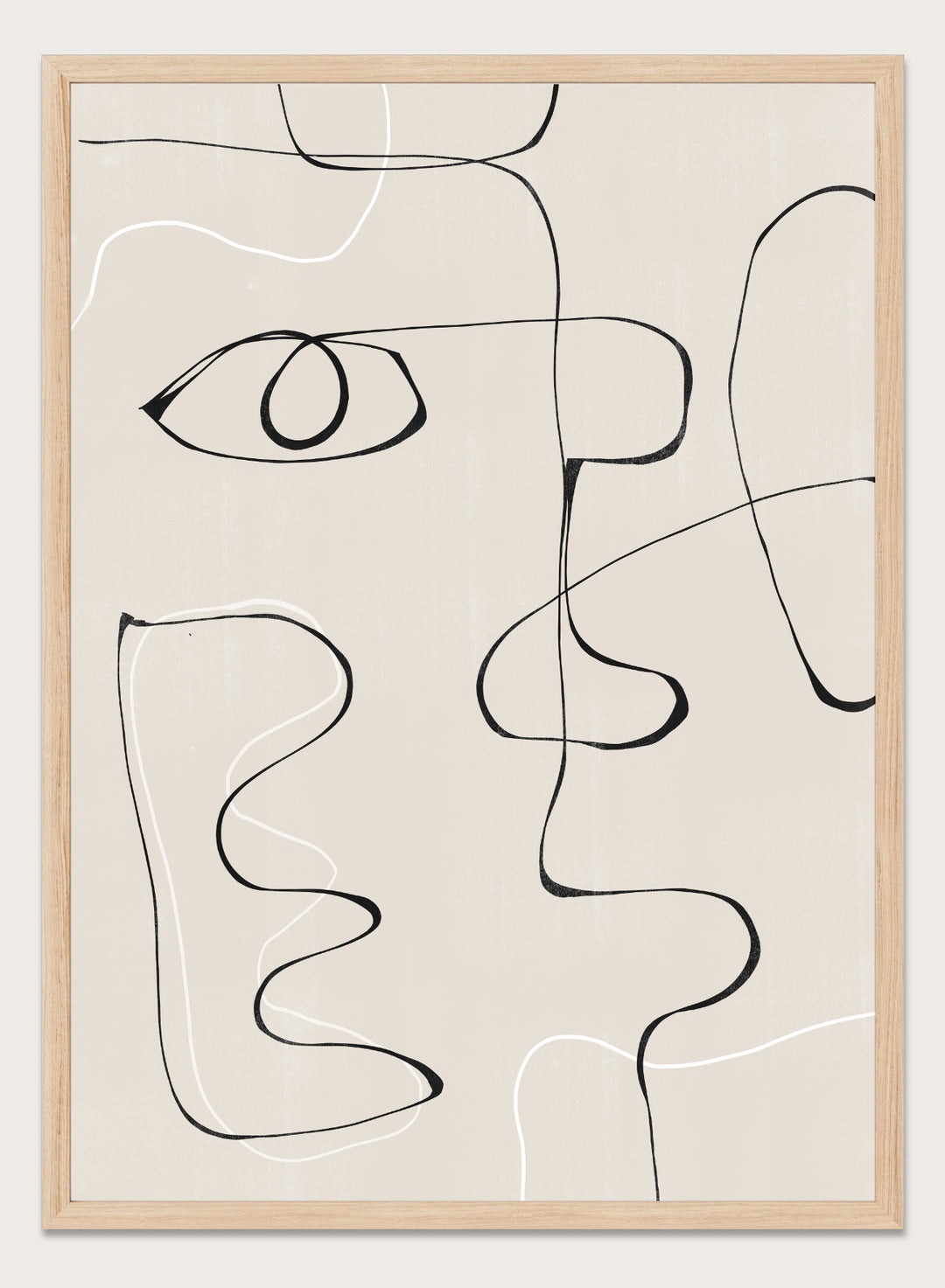 Abstract line art of a face on a beige background. Abstract Facescape by The MIUUS Studio is a minimalist abstract line art print and wall poster featuring continuous line drawing, modern face illustration, and neutral tones.