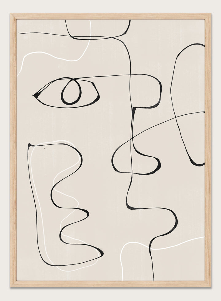 Abstract line art of a face on a beige background. Abstract Facescape by The MIUUS Studio is a minimalist abstract line art print and wall poster featuring continuous line drawing, modern face illustration, and neutral tones.