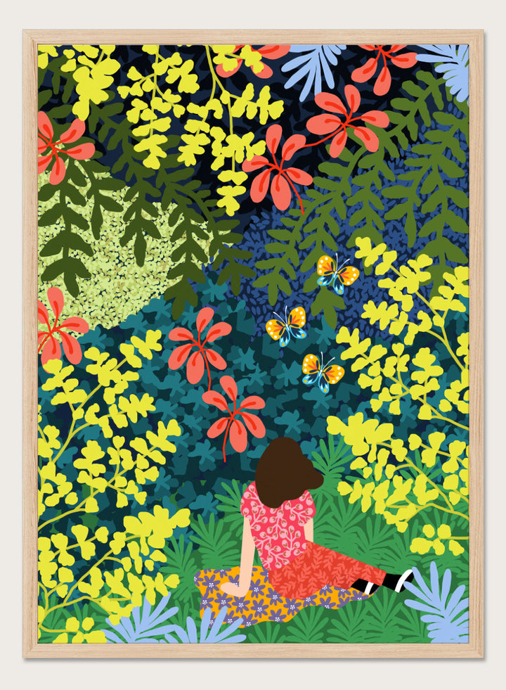 Illustration of a person sitting among colorful flowers and foliage. Picnic in the Forest by Rafaela Mascaro fine art print featuring lush botanical forest, oversized leaves, butterflies, modern colorful wall art poster.